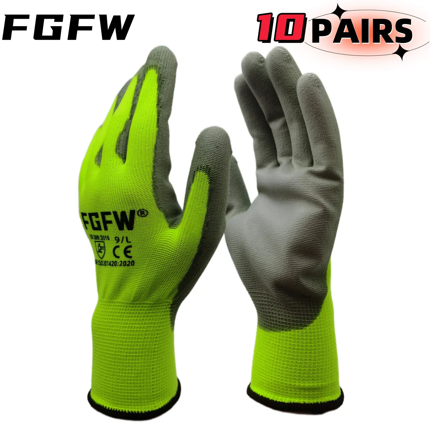 10 Pairs PU Coated Work Gloves – Lightweight, Durable Safety Gloves (EN 388/ISO20471 Certified)