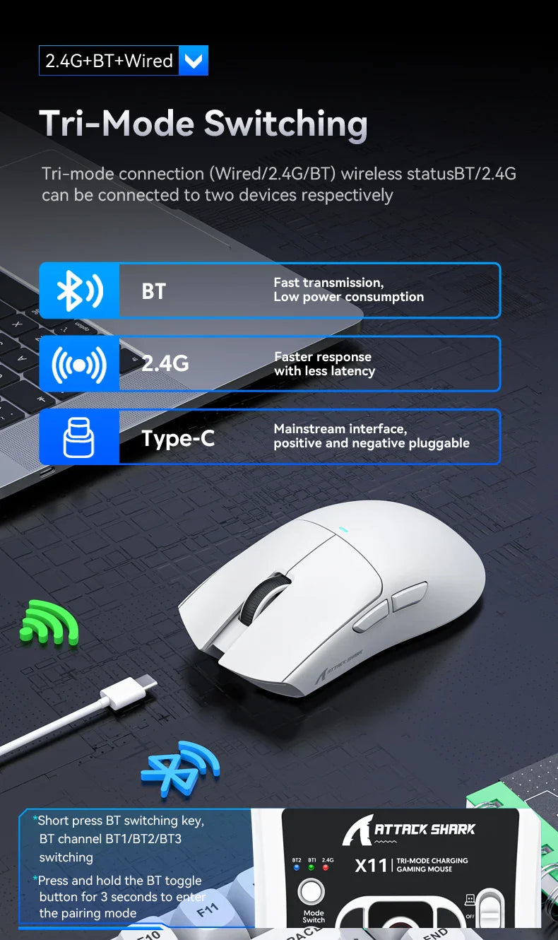 ATTACK SHARK X11 Lightweight Wireless Gaming Mouse – RGB Backlight, Up to 22K DPI, PAW3311 Optical Sensor, Rechargeable