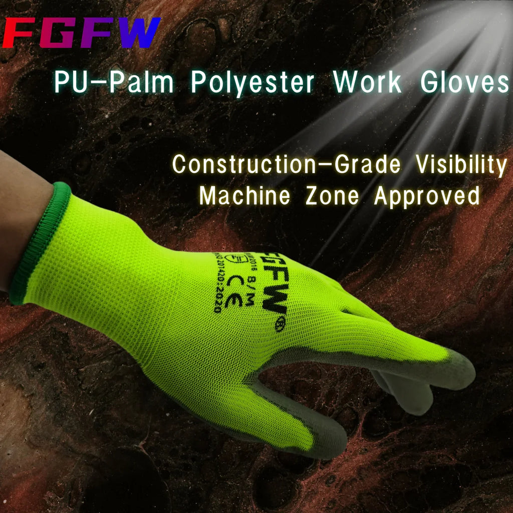 10 Pairs PU Coated Work Gloves – Lightweight, Durable Safety Gloves (EN 388/ISO20471 Certified)