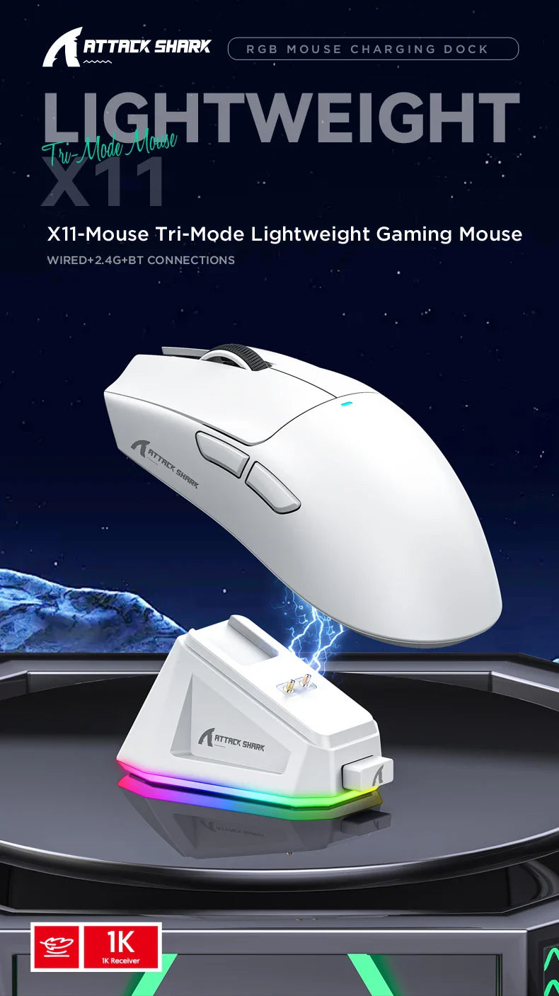 ATTACK SHARK X11 Lightweight Wireless Gaming Mouse – RGB Backlight, Up to 22K DPI, PAW3311 Optical Sensor, Rechargeable