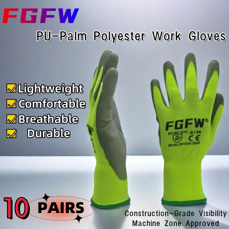 10 Pairs PU Coated Work Gloves – Lightweight, Durable Safety Gloves (EN 388/ISO20471 Certified)