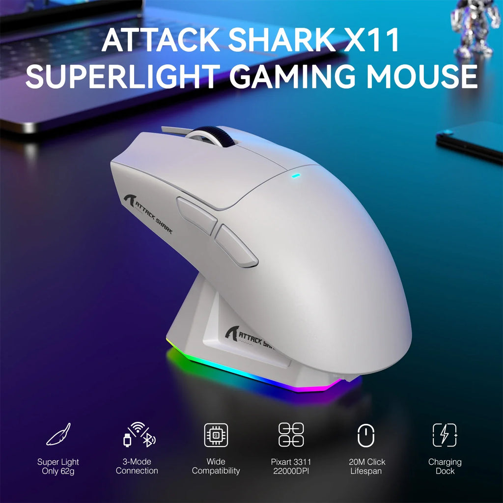 ATTACK SHARK X11 Lightweight Wireless Gaming Mouse – RGB Backlight, Up to 22K DPI, PAW3311 Optical Sensor, Rechargeable