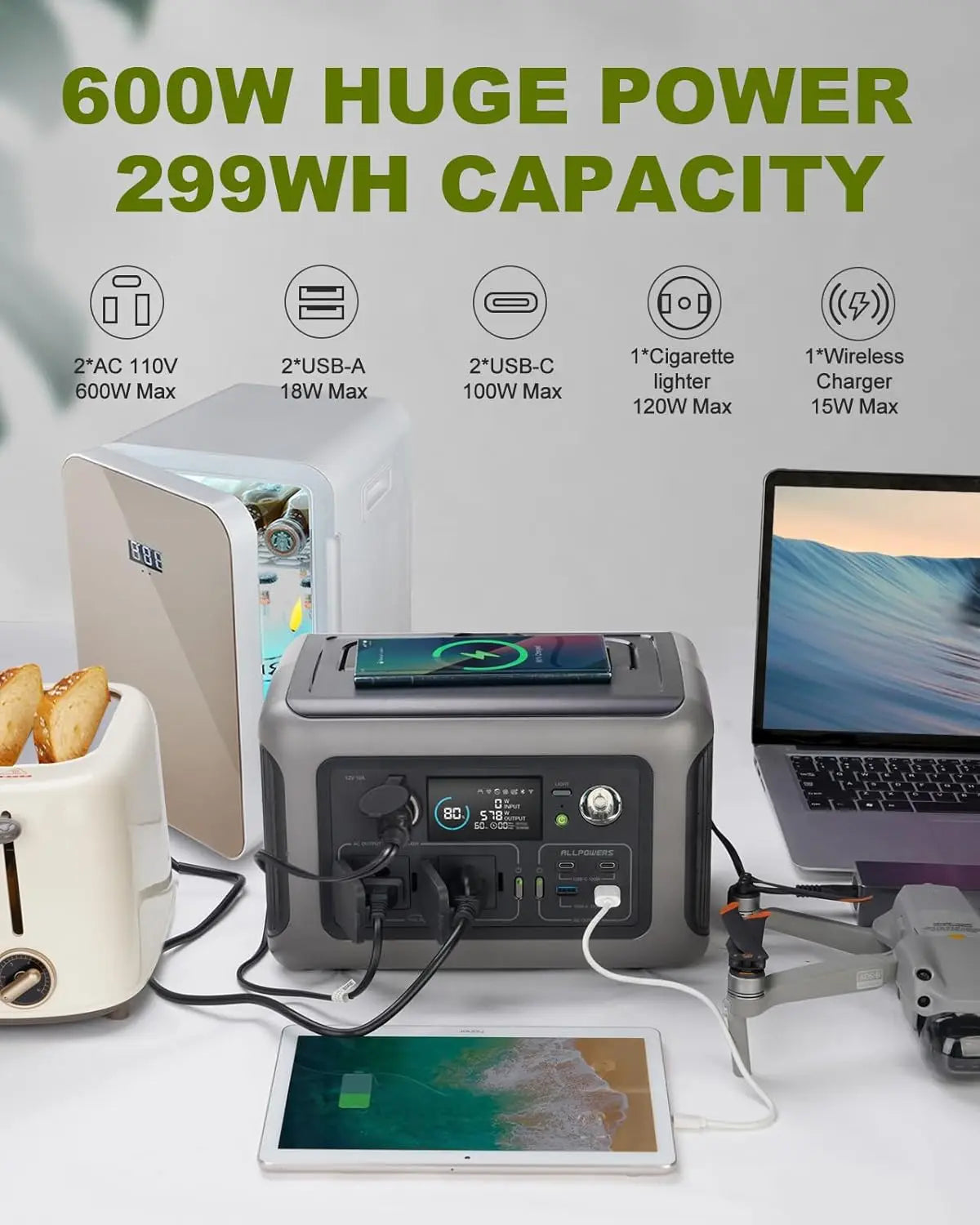 600W Portable Power Station 299Wh LiFePO4 Solar Generator with Optional Solar Panel for Camping, Outdoor & Home Backup