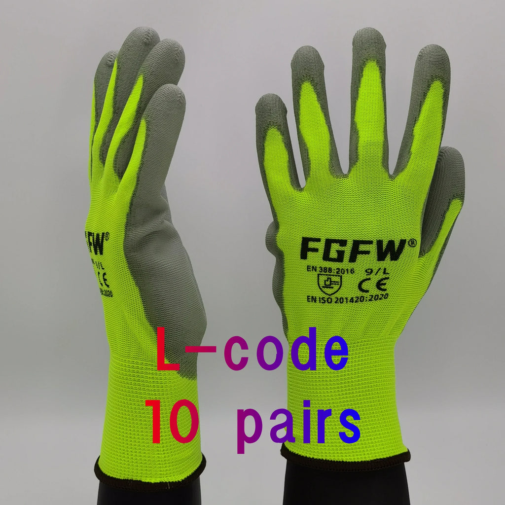 10 Pairs PU Coated Work Gloves – Lightweight, Durable Safety Gloves (EN 388/ISO20471 Certified)