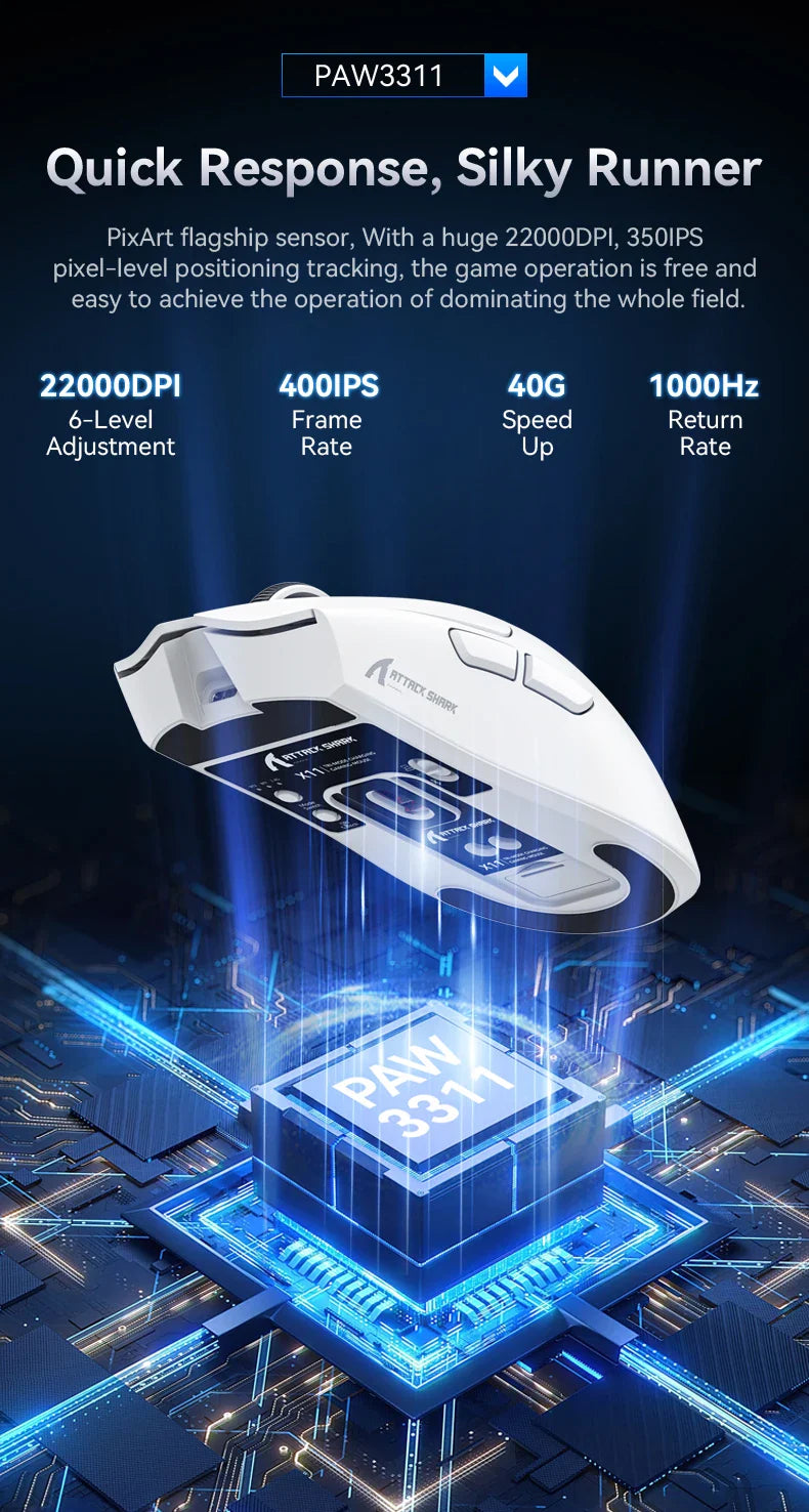 ATTACK SHARK X11 Lightweight Wireless Gaming Mouse – RGB Backlight, Up to 22K DPI, PAW3311 Optical Sensor, Rechargeable
